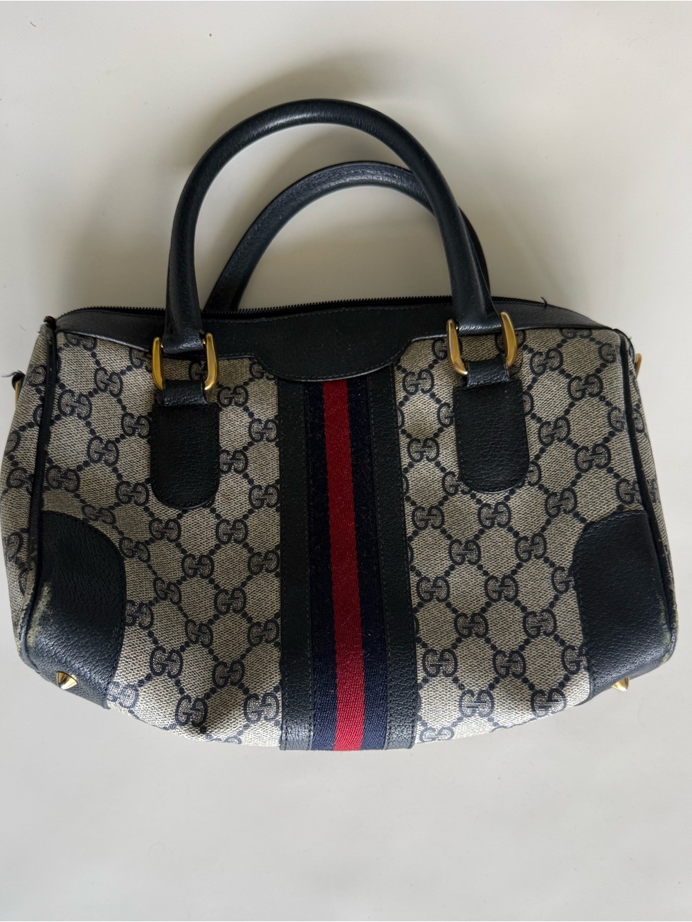 Authentic Gucci GG Canvas Satchel with Navy and Red Web Stripe